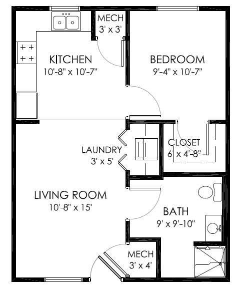 Floor plan for 1 bed, 1 bath, 525 sqft